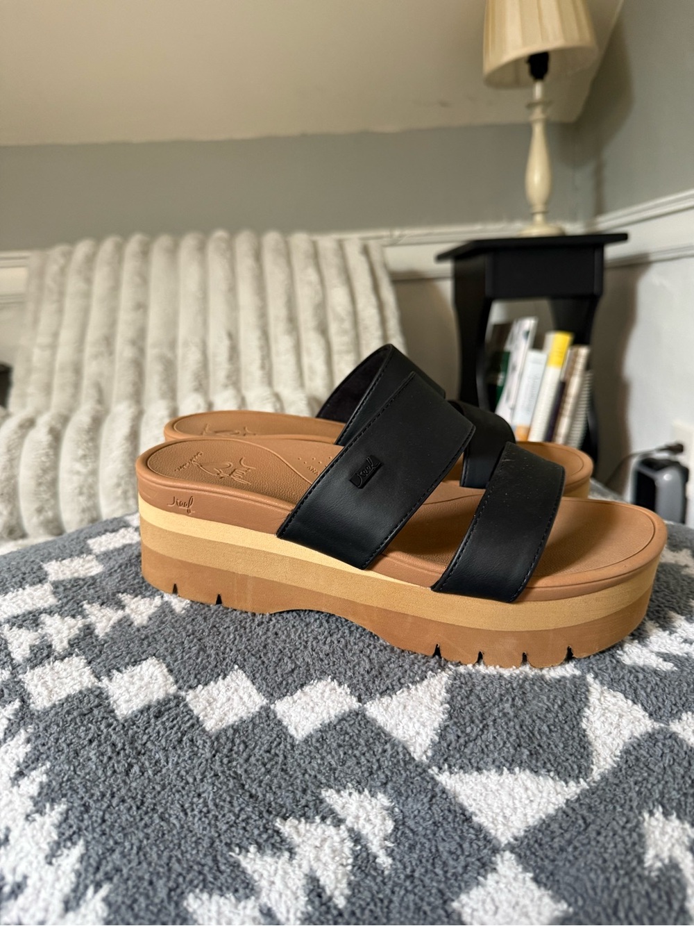 Reef Black and Tan Platform Slide Sandals